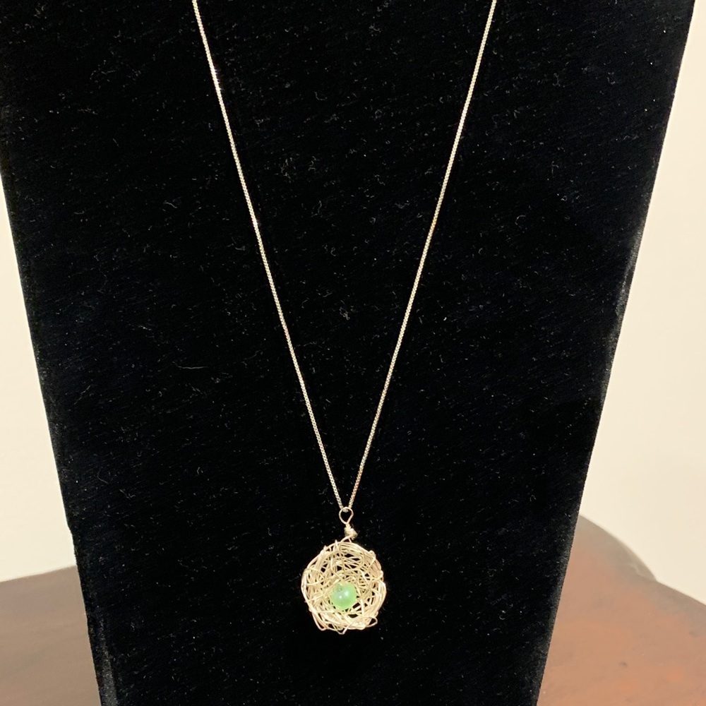 Handmade silver 925 chain 12” Necklace with sage Green Gemstone(birds nest)